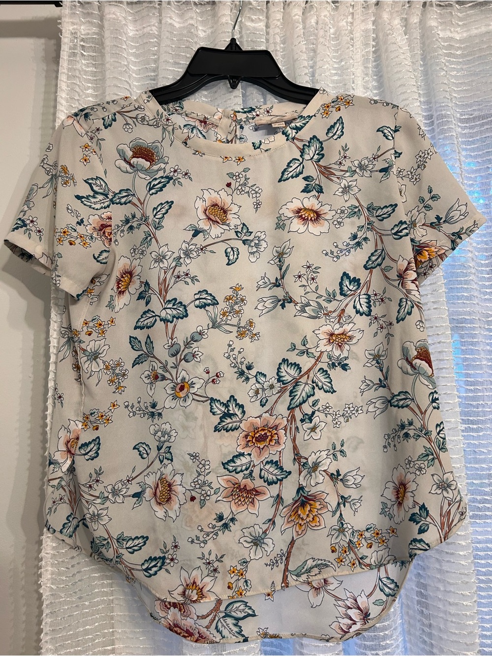 LOFT Cream Floral Short Sleeve Blouse with Teal and Rust Accents